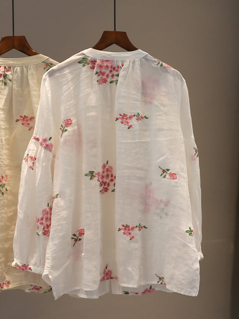 Camisa de mujer de primavera con escote en V y flores artísticas 100 % ramio