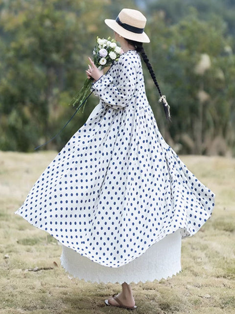 Vestido suelto de lino con cuello de encaje y lunares de estilo artístico para mujer