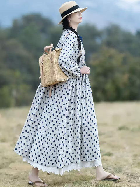 Vestido suelto de lino con cuello de encaje y lunares de estilo artístico para mujer