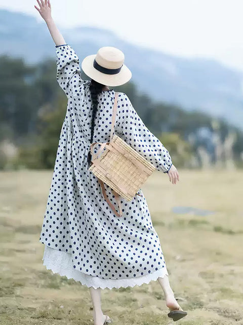 Vestido suelto de lino con cuello de encaje y lunares de estilo artístico para mujer