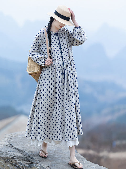 Women Artsy Spring Dot Lace Collar Linen Loose Dress