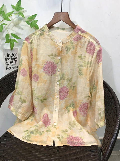 Camisa de mujer de primavera con cuello alto y estampado floral 100 % ramio