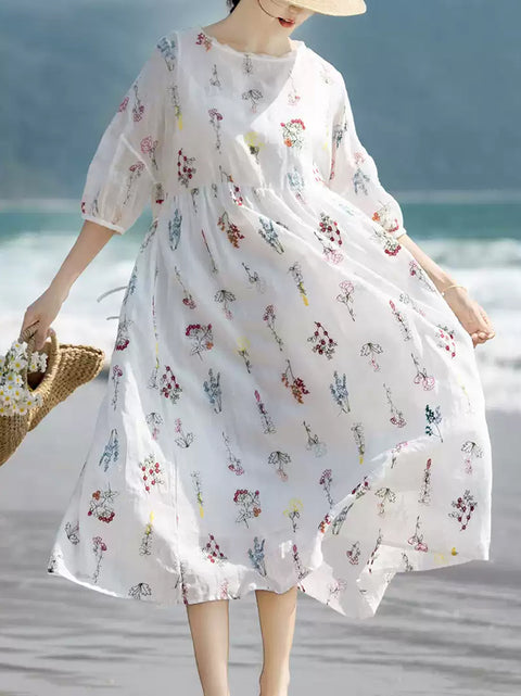 Women Artsy Summer Flower Embroidery 100%Ramie Dress