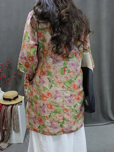 Camisa de mujer de primavera con escote en V y flores artísticas 100 % ramio