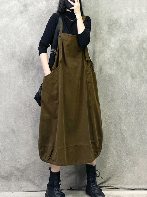 Women Spring Retro Pure Color Denim Suspender Dress