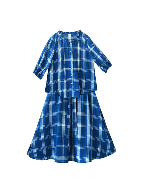 Women Summer Vintage Plaid 100%Linen Loose Suits