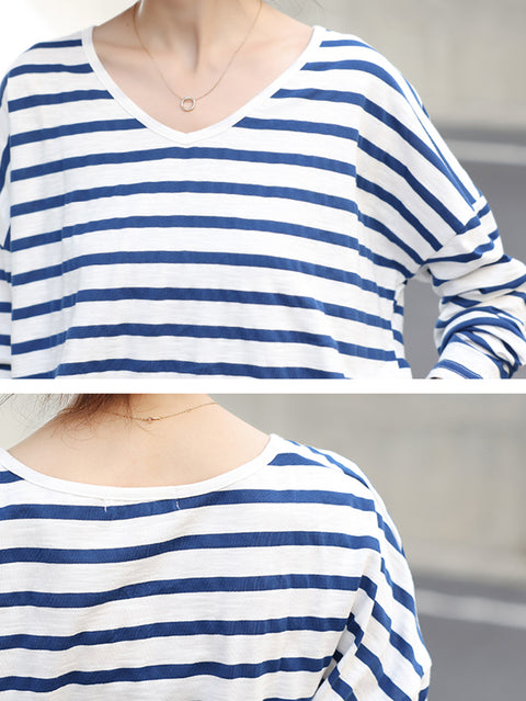 Women Summer Stripe 100%Cotton V-Neck Shirt