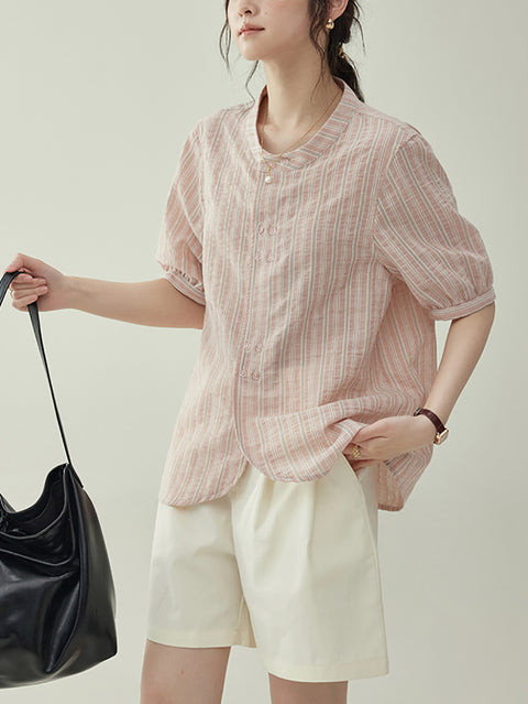 Camisa de algodón con cuello redondo y rayas de verano para mujer