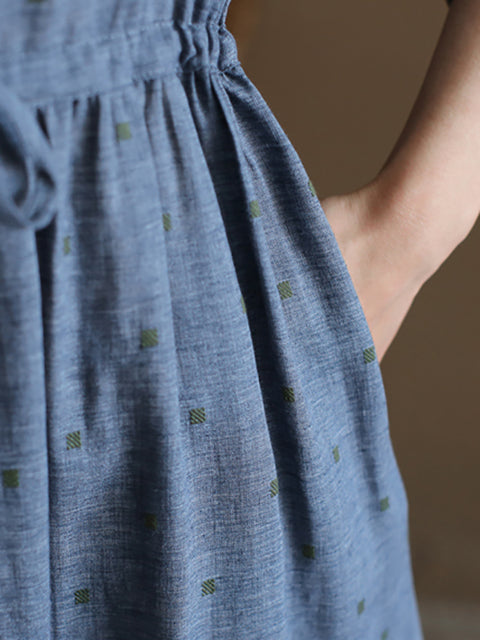 Vestido de lino fruncido con estampado de jacquard y flores de verano para mujer