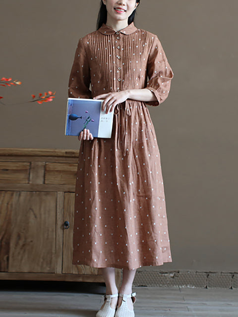 Women Artsy Summer Flower Jacquard Shirred Linen Dress