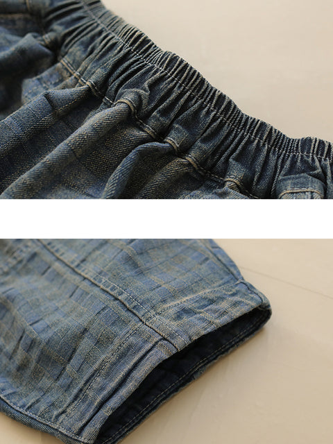 Women Spring Retro Plaid Denim Harem Pants