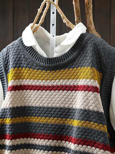 Women Spring Casual Colorblock Stripe O-Neck Knit Vest