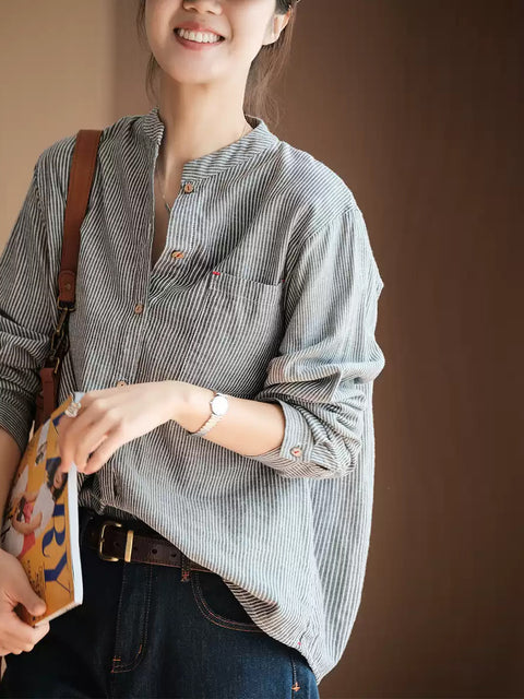 Camisa de cuello alto 100 % algodón con rayas vintage de verano para mujer