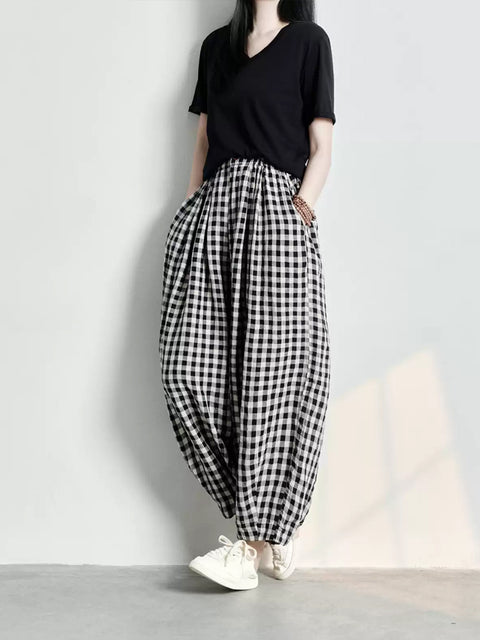 Women Spring Casual Plaid Loose Linen Harem Pants