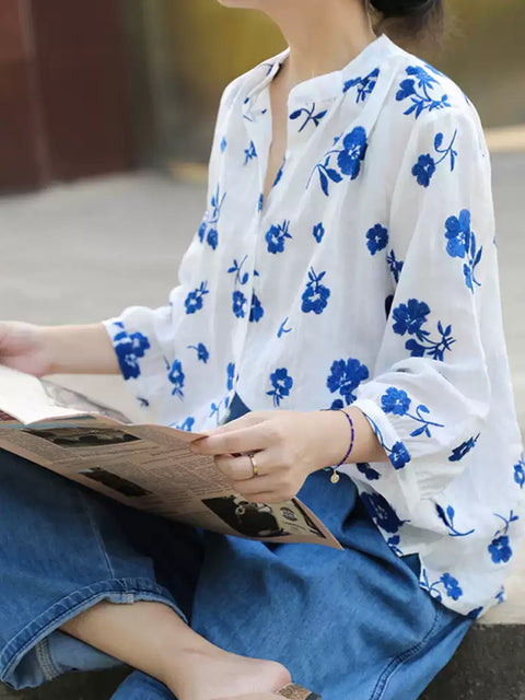 Camisa de mujer con bordado de flores primaverales 100 % ramio