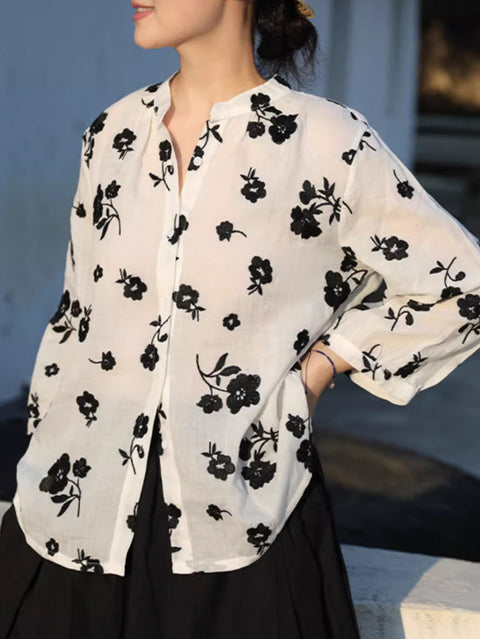 Camisa de mujer con bordado de flores primaverales 100 % ramio