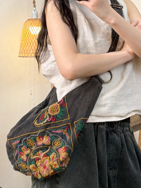 Bolso bandolera vaquero con bordado de flores vintage de verano