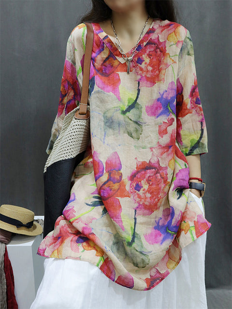 Camisa de mujer de primavera con escote en V y flores vintage 100 % ramio