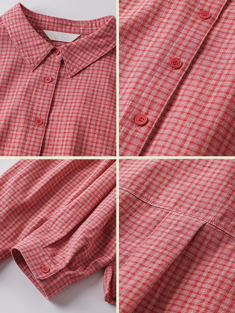 Camisa de verano para mujer, 100 % algodón, estilo retro a cuadros