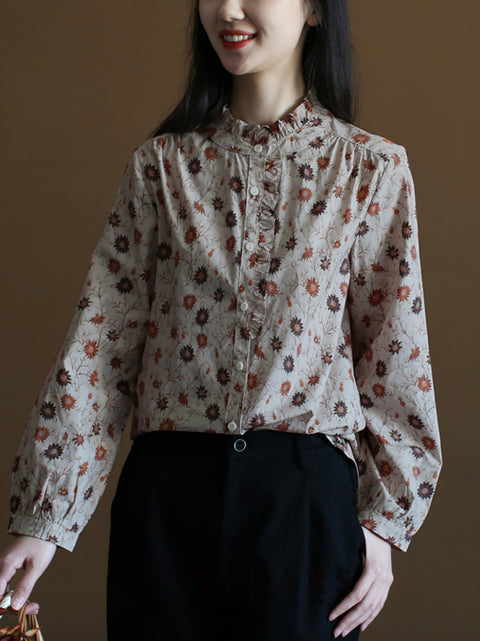 Camisa de algodón 100 % con botones y estampado floral artístico para mujer