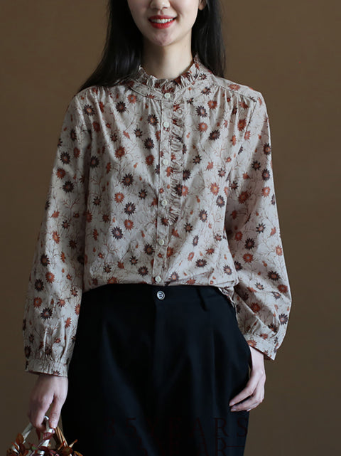 Camisa de algodón 100 % con botones y estampado floral artístico para mujer