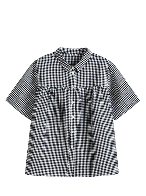 Women Summer Vintage Plaid Linen Cotton Button-up Shirt