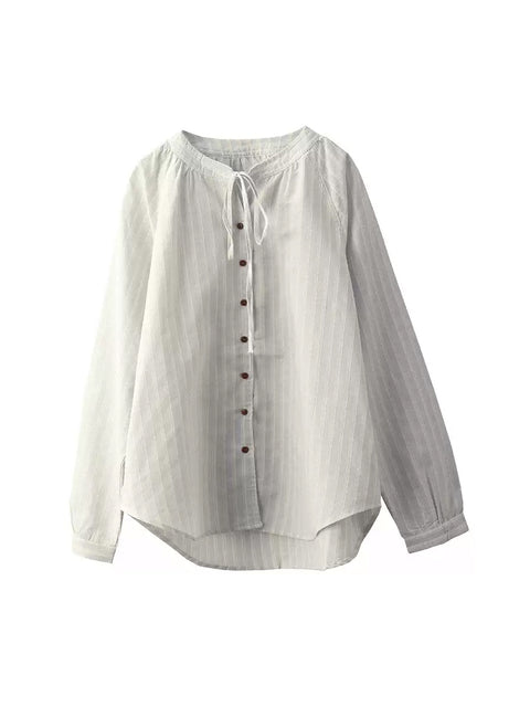 Camisa de mujer con cuello alto y rayas 100 % algodón de primavera