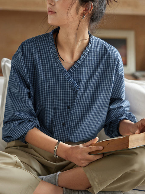 Camisa de mujer de algodón 100 % con cuello en V y cuadros escoceses para primavera