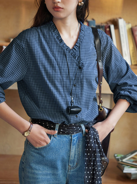 Camisa de mujer de algodón 100 % con cuello en V y cuadros escoceses para primavera