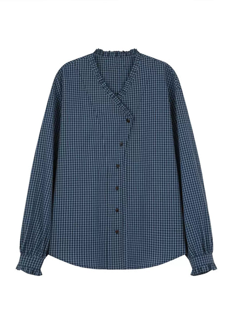 Camisa de mujer de algodón 100 % con cuello en V y cuadros escoceses para primavera