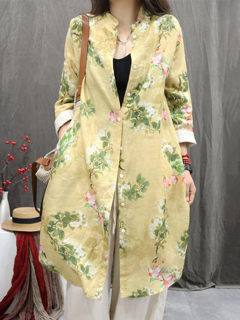 Women Vintage Flower Stand Collar 100%Linen Long Shirt