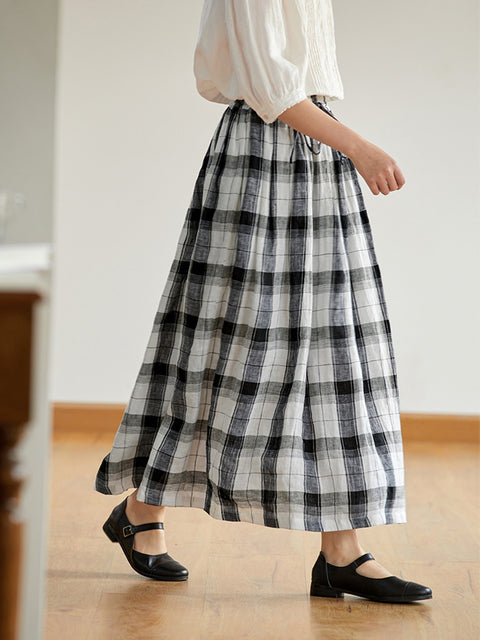 Women Summer Retro Plaid Loose 100%Linen Skirt