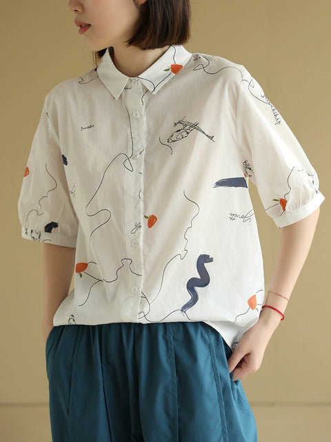 Women Summer Doodle Cotton Turn-down Collar Shirt