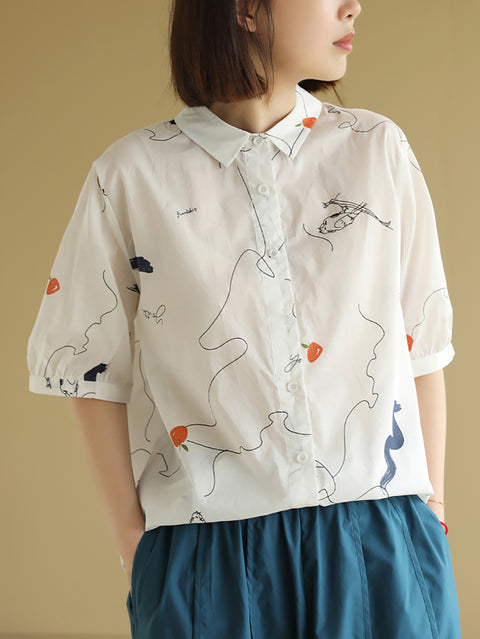 Women Summer Doodle Cotton Turn-down Collar Shirt