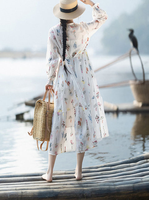 Vestido de verano para mujer, con cuello redondo y bordado de flores, 100 % ramio