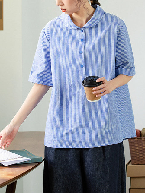 Camisa de lino y algodón con rayas artísticas de verano para mujer