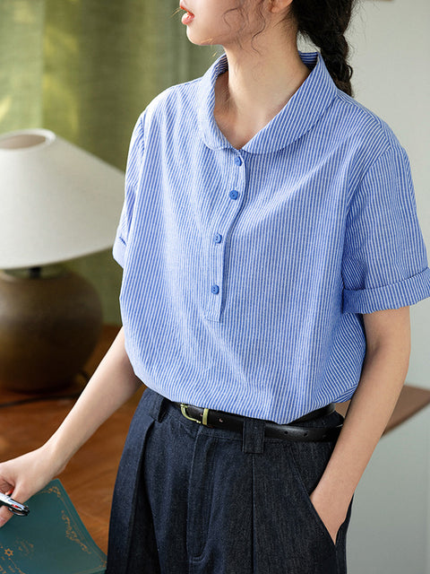 Camisa de lino y algodón con rayas artísticas de verano para mujer