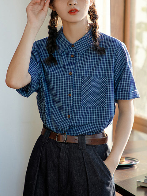 Camisa de verano para mujer, 100 % algodón, con cuadros vintage