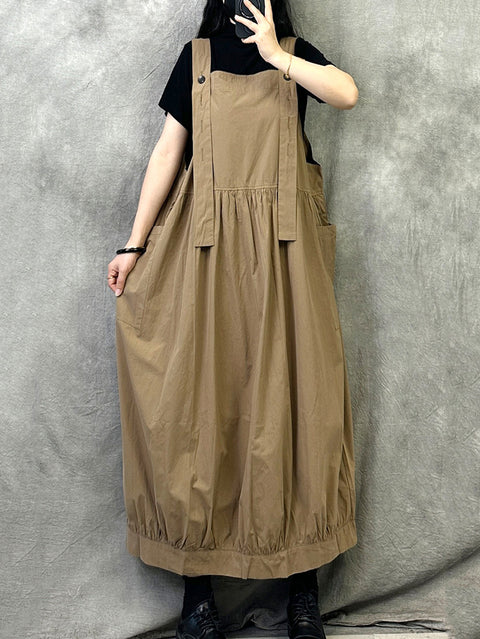 Women Spring Retro Pure Color Cotton Suspender Dress