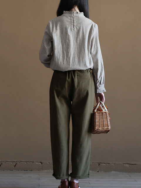 Camisa de lino y algodón con cuello de encaje y rayas de verano para mujer