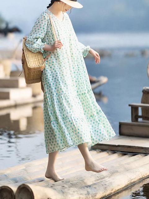 Vestido holgado de lino con escote en V y lunares para mujer de verano