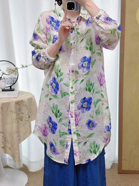 Women Spring Artsy Flower Button-up 100%Ramie Shirt