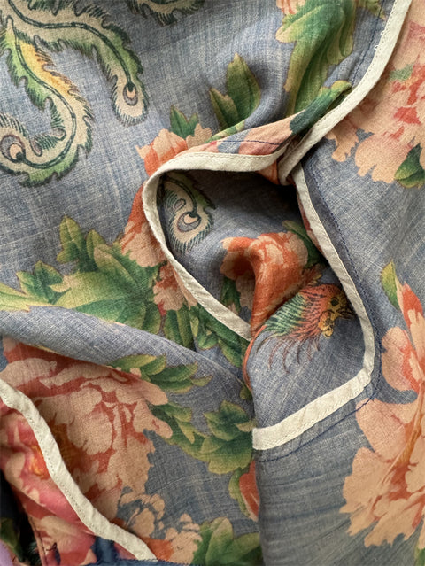 Camisa étnica de verano para mujer, con cuello alto y flores, 100 % ramio