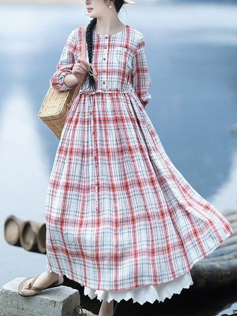 Vestido holgado de lino 100 % con escote en V y cuadros escoceses para mujer