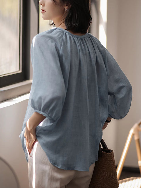 Camisa de algodón con escote en V y color puro de estilo artístico para mujer de verano