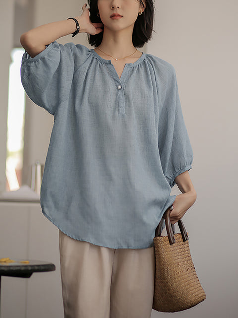 Camisa de algodón con escote en V y color puro de estilo artístico para mujer de verano