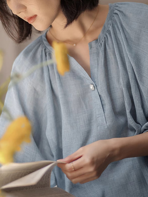 Camisa de algodón con escote en V y color puro de estilo artístico para mujer de verano