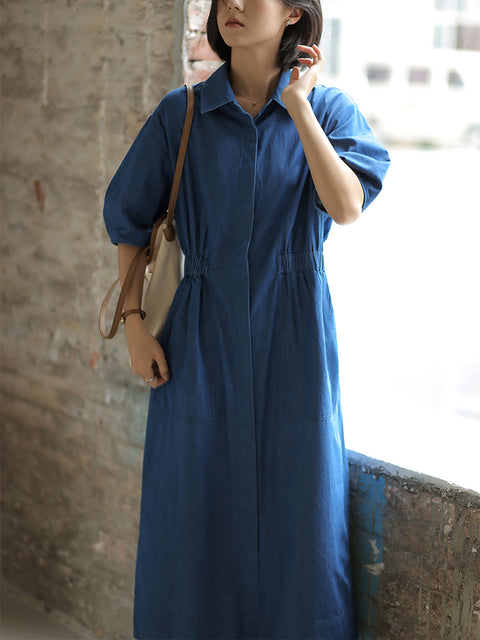 Vestido de algodón con botones y color puro de estilo artístico para mujer para primavera