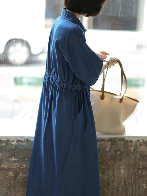 Vestido de algodón con botones y color puro de estilo artístico para mujer para primavera