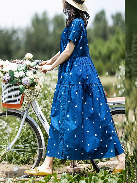 Vestido de verano con escote redondo y lunares artísticos, 100 % algodón, con capas para mujer